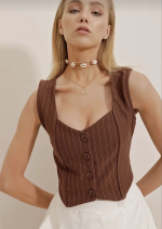Çizgili Krep Düğmeli Yelek Kahve S3395 (Beden: Xl)