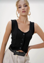 Krep Kumaş Düğmeli Yelek Siyah S3395 (Beden: Xl) - Görsel 2