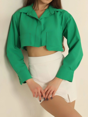Poplin Crop Gömlek Yeşil S3060 (Beden: 38)