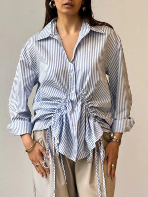 Önü Büzgü Detaylı Çizgili Gömlek Mavi (Beden: M)