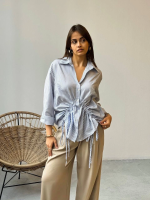 Önü Büzgü Detaylı Çizgili Gömlek Mavi (Beden: M) - Görsel 2