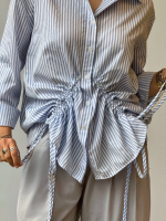 Önü Büzgü Detaylı Çizgili Gömlek Mavi (Beden: M) - Görsel 3