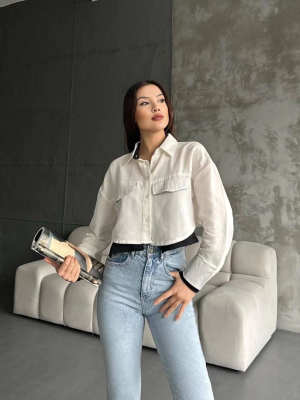 Çift Renkli Kısa Gömlek Krem S4021 (Beden: 38)