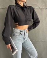 Yanı Kemer Detaylı Crop Gömlek Siyah S4009 (Beden: 36) - Görsel 8