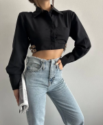 Yanı Kemer Detaylı Crop Gömlek Siyah S4009 (Beden: 36) - Görsel 7