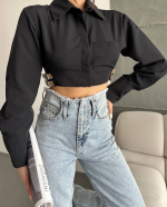 Yanı Kemer Detaylı Crop Gömlek Siyah S4009 (Beden: 38) - Görsel 2