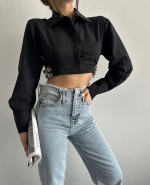Yanı Kemer Detaylı Crop Gömlek Siyah S4009 (Beden: 38)