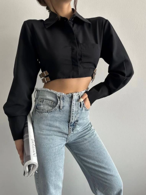 Yanı Kemer Detaylı Crop Gömlek Siyah S4009 (Beden: 38)