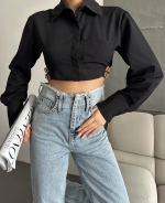 Yanı Kemer Detaylı Crop Gömlek Siyah S4009 (Beden: 38) - Görsel 6