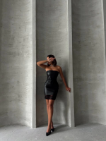 Altı Dantelli Straplez Deri Elbise Siyah W240419 (Beden: M) - Görsel 3