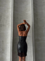 Altı Dantelli Straplez Deri Elbise Siyah W240419 (Beden: M) - Görsel 4