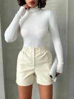 Beli Lastikli Çıtçıtlı Deri Şort Krem W241007 (Beden: S) - Görsel 5