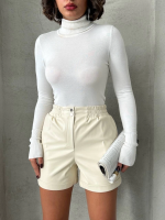 Beli Lastikli Çıtçıtlı Deri Şort Krem W241007 (Beden: S) - Görsel 4