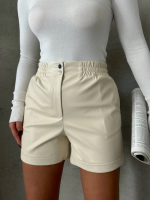 Beli Lastikli Çıtçıtlı Deri Şort Krem W241007 (Beden: S)