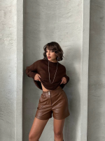 Beli Lastikli Çıtçıtlı Deri Şort Kahve W241007 (Beden: S) - Görsel 2