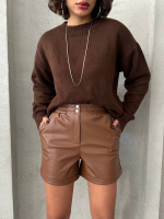 Beli Lastikli Çıtçıtlı Deri Şort Kahve W241007 (Beden: S)