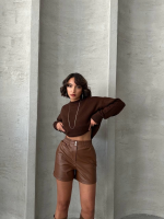 Beli Lastikli Çıtçıtlı Deri Şort Kahve W241007 (Beden: S) - Görsel 4