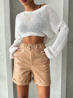 Beli Lastikli Duble Paça Deri Şort Bej W24755 (Beden: S) - Görsel 3