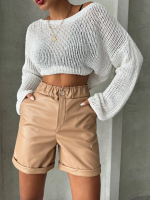 Beli Lastikli Duble Paça Deri Şort Bej W24755 (Beden: S) - Görsel 4