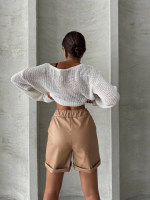Beli Lastikli Duble Paça Deri Şort Bej W24755 (Beden: S) - Görsel 2