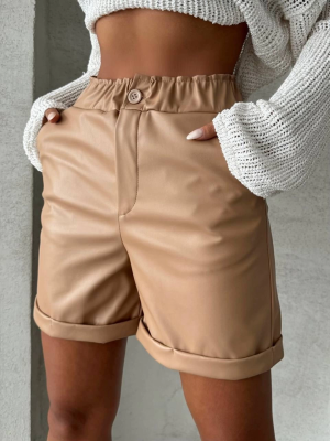 Beli Lastikli Duble Paça Deri Şort Bej W24755 (Beden: L)