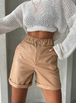 Beli Lastikli Duble Paça Deri Şort Bej W24755 (Beden: L) - Görsel 5
