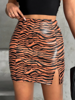 Tek Yırtmaçlı Zebra Desenli Deri Etek Kahvesiyah W24475-S (Beden: M)