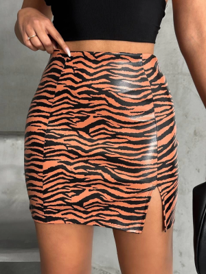 Tek Yırtmaçlı Zebra Desenli Deri Etek Kahvesiyah W24475-S (Beden: Xl)