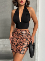 Tek Yırtmaçlı Zebra Desenli Deri Etek Kahvesiyah W24475-S (Beden: Xl) - Görsel 6