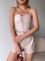 Tüllü Deri Crop Bej W24615 (Beden: L) - Görsel 2