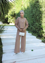 Taş Düğmeli İkili Triko Takım Vizon (Beden: Standart)