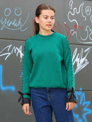 Boncuklu Bile Detaylı Kazak Petrol Yeşili (Beden: Standart)