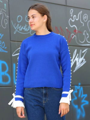 Boncuklu Bile Detaylı Kazak Saks Mavisi (Beden: Standart)