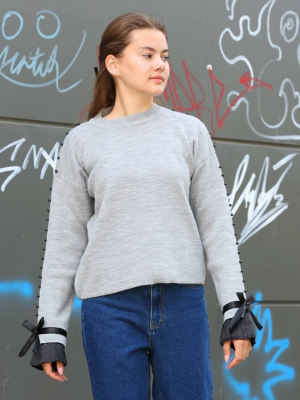 Boncuklu Bile Detaylı Kazak Gri (Beden: Standart)