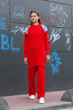 Omuz Detaylı Kol Nakışlı İkili Alt Üst Triko Takım Kırmızı (Beden: Standart) - Görsel 2