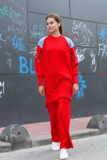 Omuz Detaylı Kol Nakışlı İkili Alt Üst Triko Takım Kırmızı (Beden: Standart) - Görsel 3