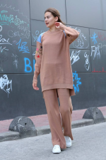 Omuz Detaylı Kol Nakışlı İkili Alt Üst Triko Takım Vizon (Beden: Standart) - Görsel 2