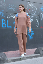 Omuz Detaylı Kol Nakışlı İkili Alt Üst Triko Takım Vizon (Beden: Standart)