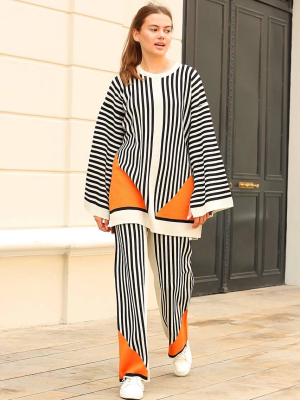 Çizgili Bisiklet Yaka Triko Takım Beyaz (Beden: Standart)