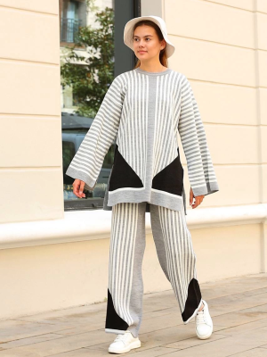 Çizgili Bisiklet Yaka Triko Takım Gri (Beden: Standart)