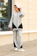 Çizgili Bisiklet Yaka Triko Takım Gri (Beden: Standart) - Görsel 4