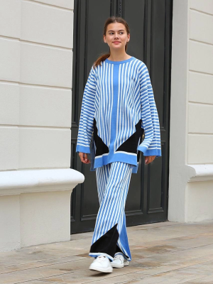 Çizgili Bisiklet Yaka Triko Takım Mavi (Beden: Standart)