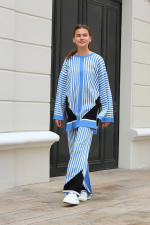 Çizgili Bisiklet Yaka Triko Takım Mavi (Beden: Standart) - Görsel 4