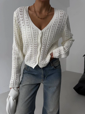 Küçük Düğmeli Küçük Örgülü Triko Hırka Beyaz (Beden: Standart)