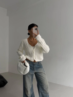 Küçük Düğmeli Küçük Örgülü Triko Hırka Beyaz (Beden: Standart) - Görsel 2