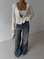 Küçük Düğmeli Küçük Örgülü Triko Hırka Beyaz (Beden: Standart) - Görsel 3