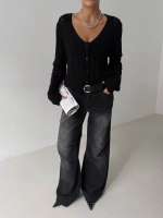 Küçük Düğmeli Küçük Örgülü Triko Hırka Siyah (Beden: Standart) - Görsel 3