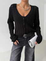 Küçük Düğmeli Küçük Örgülü Triko Hırka Siyah (Beden: Standart)