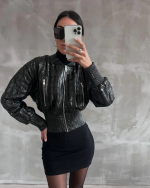 Beli Büzgülü Crop Deri Ceket Siyah (Beden: S) - Görsel 3