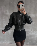 Beli Büzgülü Crop Deri Ceket Siyah (Beden: S)